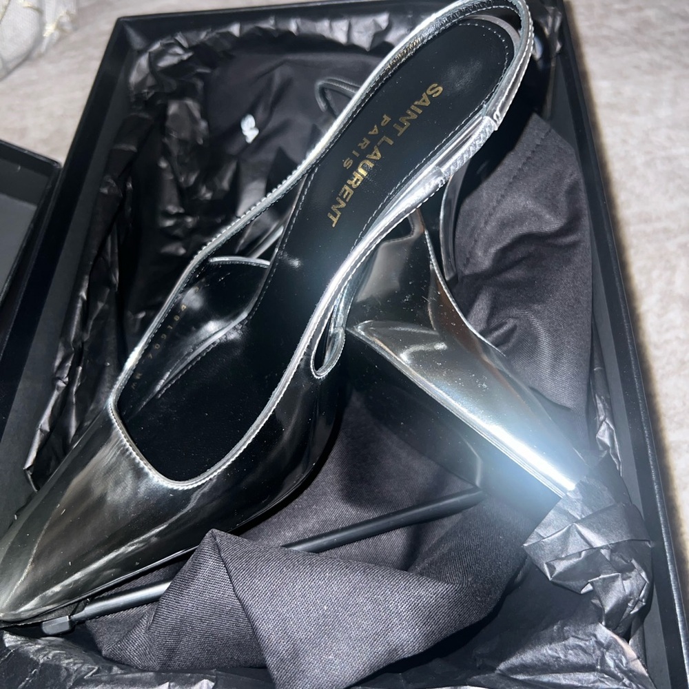 Authentic Saint Laurent Square Pointed Toe Slingback Pumps